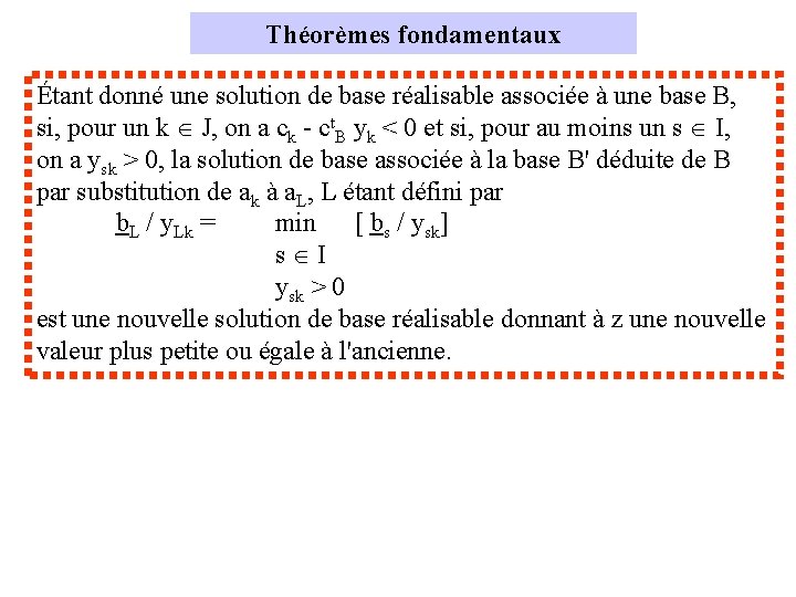 Théorèmes fondamentaux Étant donné une solution de base réalisable associée à une base B,