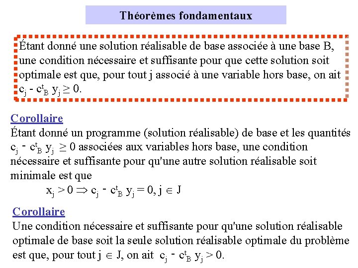 Théorèmes fondamentaux Étant donné une solution réalisable de base associée à une base B,