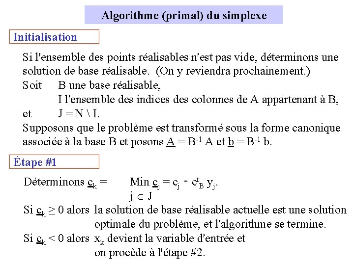 Algorithme (primal) du simplexe Initialisation Si l'ensemble des points réalisables n'est pas vide, déterminons