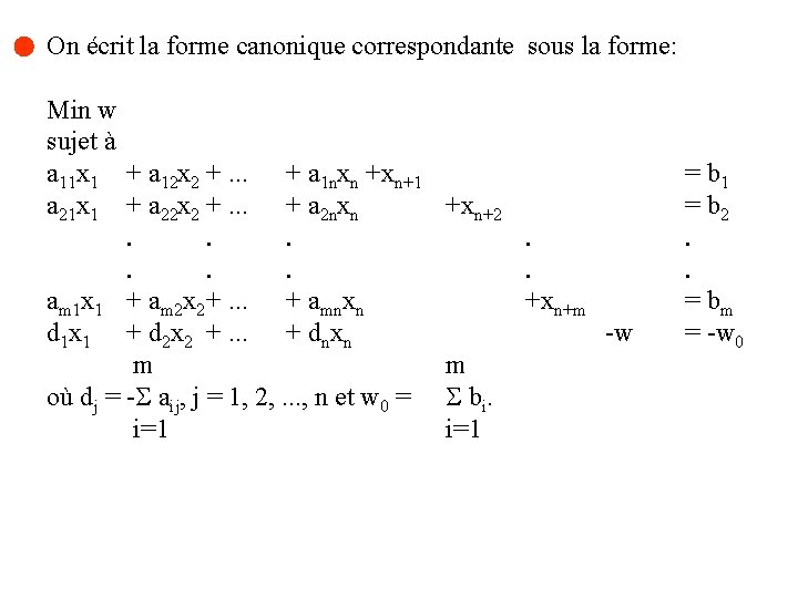 On écrit la forme canonique correspondante sous la forme: Min w sujet à a