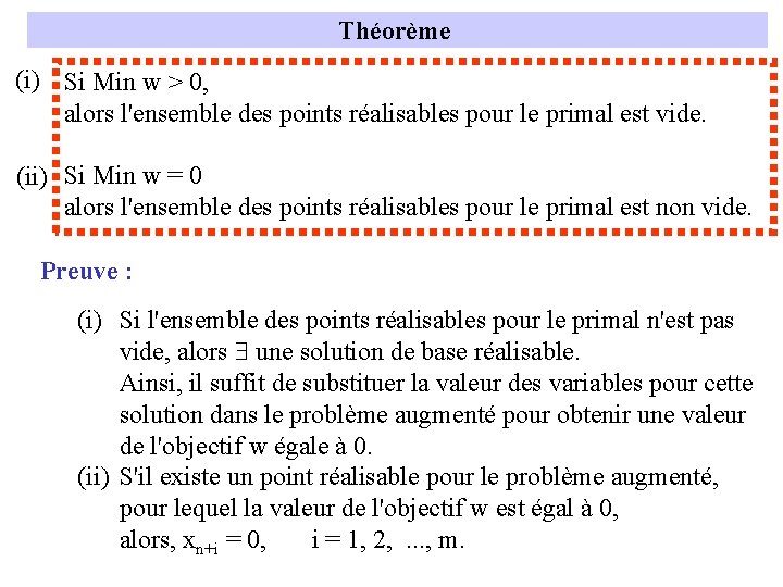 Théorème (i) Si Min w > 0, alors l'ensemble des points réalisables pour le