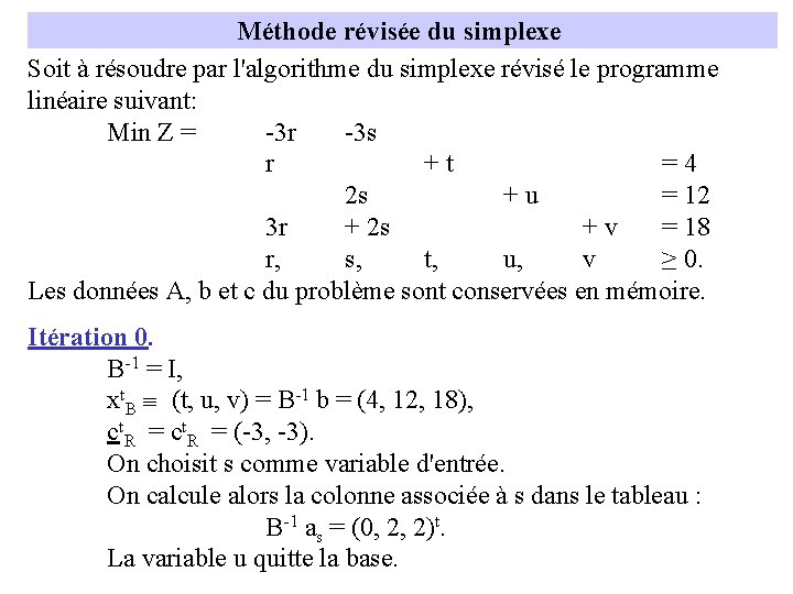 Méthode révisée du simplexe Soit à résoudre par l'algorithme du simplexe révisé le programme