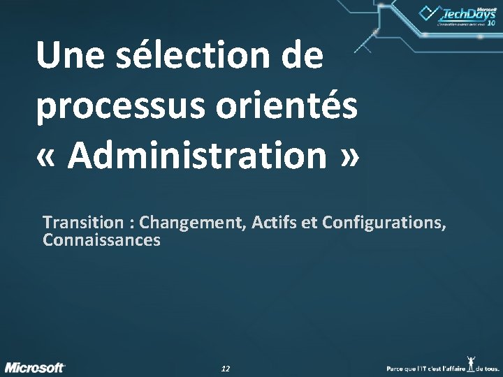 Une sélection de processus orientés « Administration » Transition : Changement, Actifs et Configurations,