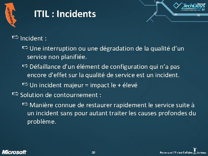 n itatio Explo ITIL : Incidents Incident : Une interruption ou une dégradation de