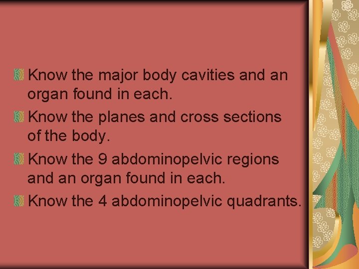 Know the major body cavities and an organ found in each. Know the planes