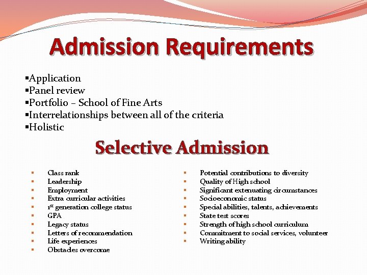 Admission Requirements §Application §Panel review §Portfolio – School of Fine Arts §Interrelationships between all