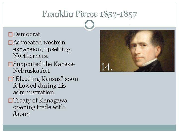 Franklin Pierce 1853 -1857 �Democrat �Advocated western expansion, upsetting Northerners. �Supported the Kansas. Nebraska