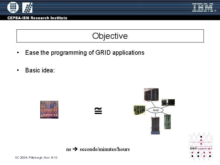 Objective • Ease the programming of GRID applications • Basic idea: ns seconds/minutes/hours SC