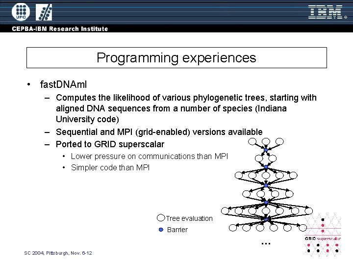 Programming experiences • fast. DNAml – Computes the likelihood of various phylogenetic trees, starting