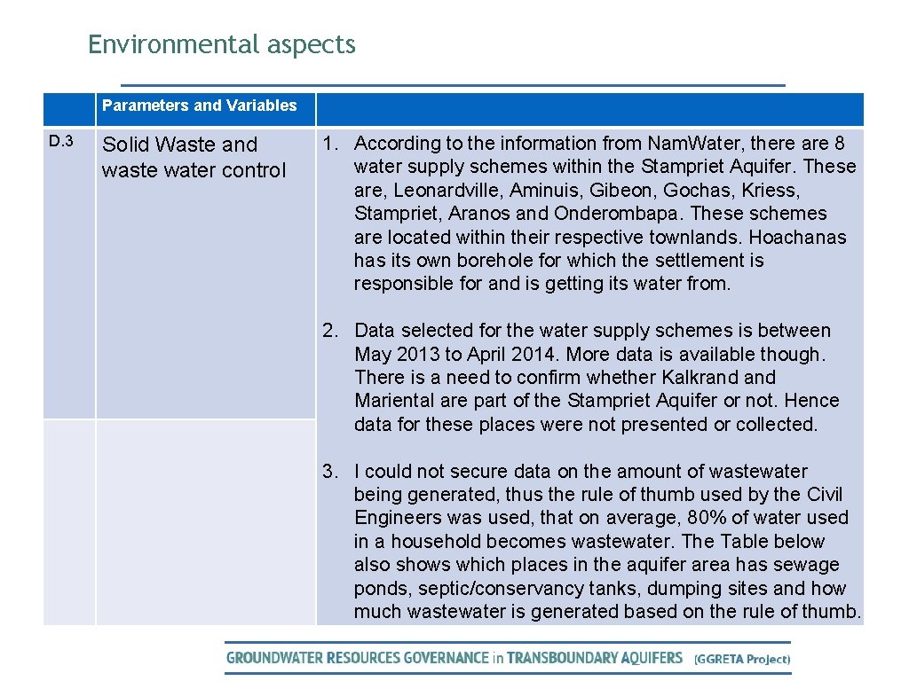 Environmental aspects Parameters and Variables D. 3 Solid Waste and waste water control 1.
