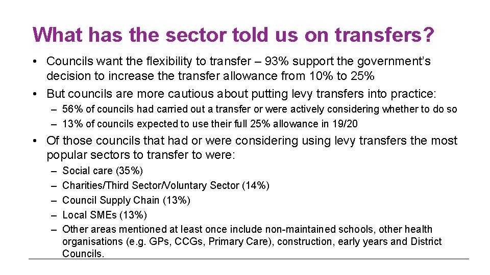 What has the sector told us on transfers? • Councils want the flexibility to