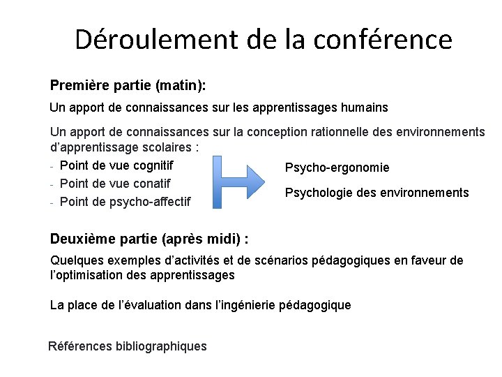 Déroulement de la conférence Première partie (matin): Un apport de connaissances sur les apprentissages