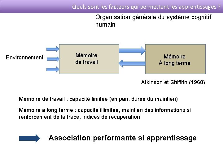 Quels sont les facteurs qui permettent les apprentissages ? Organisation générale du système cognitif