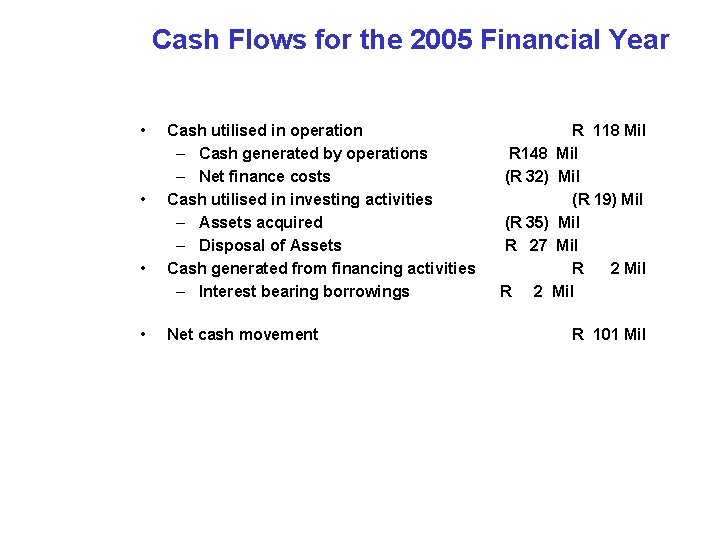 Cash Flows for the 2005 Financial Year • • Cash utilised in operation –