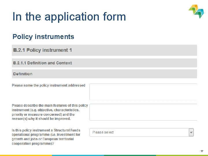 In the application form Policy instruments 17 