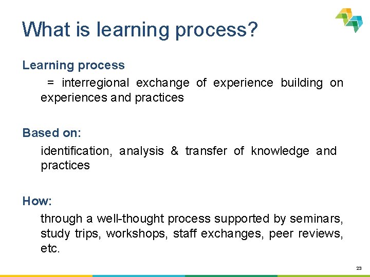 What is learning process? Learning process = interregional exchange of experience building on experiences