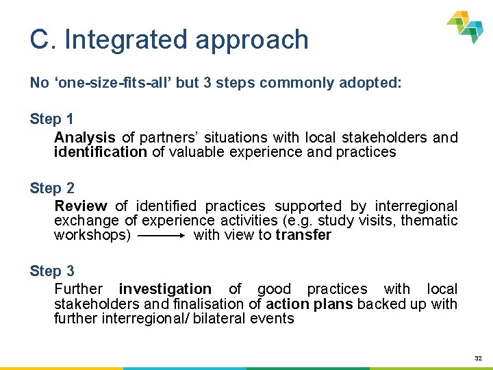 C. Integrated approach No ‘one-size-fits-all’ but 3 steps commonly adopted: Step 1 Analysis of