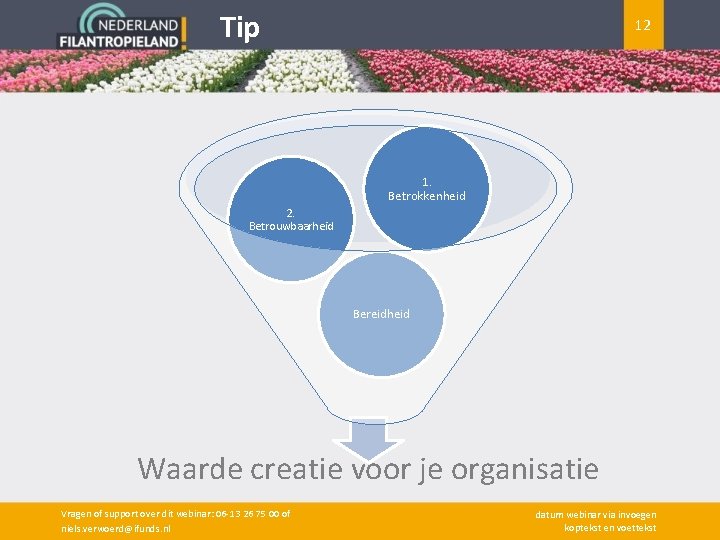 Tip 12 1. Betrokkenheid 2. Betrouwbaarheid Bereidheid Waarde creatie voor je organisatie Vragen of