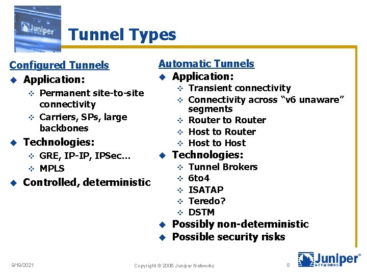 Tunnel Types Automatic Tunnels u Application: Configured Tunnels u Application: v Permanent site-to-site connectivity