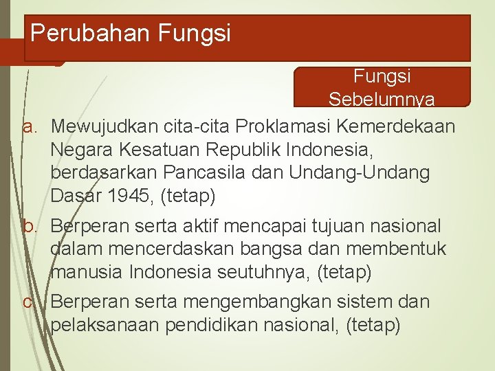 Perubahan Fungsi Sebelumnya a. Mewujudkan cita-cita Proklamasi Kemerdekaan Negara Kesatuan Republik Indonesia, berdasarkan Pancasila