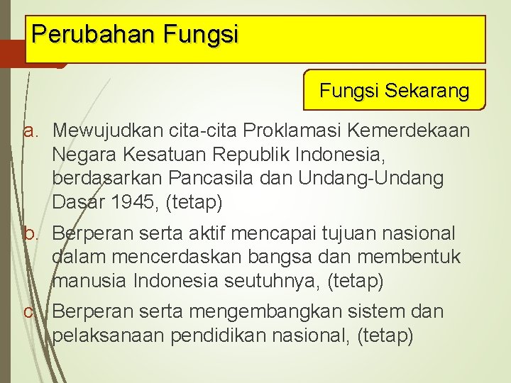 Perubahan Fungsi Sekarang a. Mewujudkan cita-cita Proklamasi Kemerdekaan Negara Kesatuan Republik Indonesia, berdasarkan Pancasila