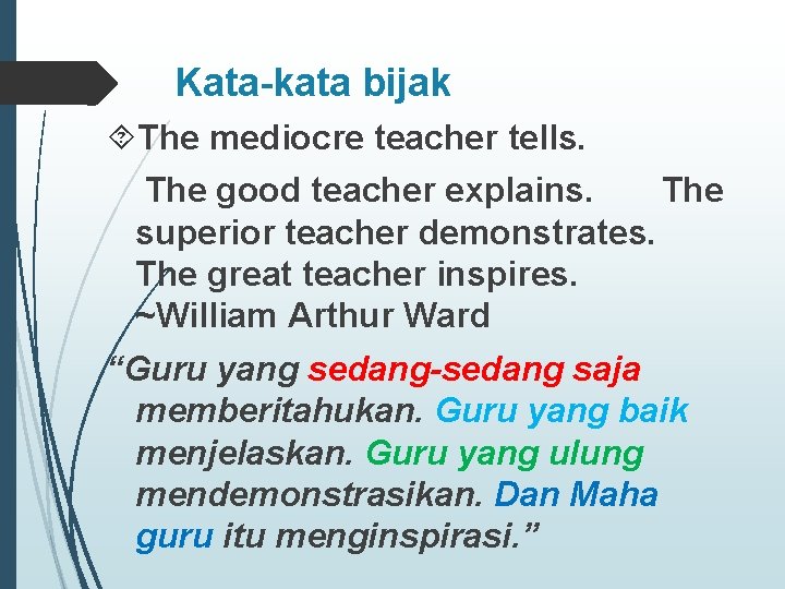 Kata-kata bijak The mediocre teacher tells. The good teacher explains. The superior teacher demonstrates.
