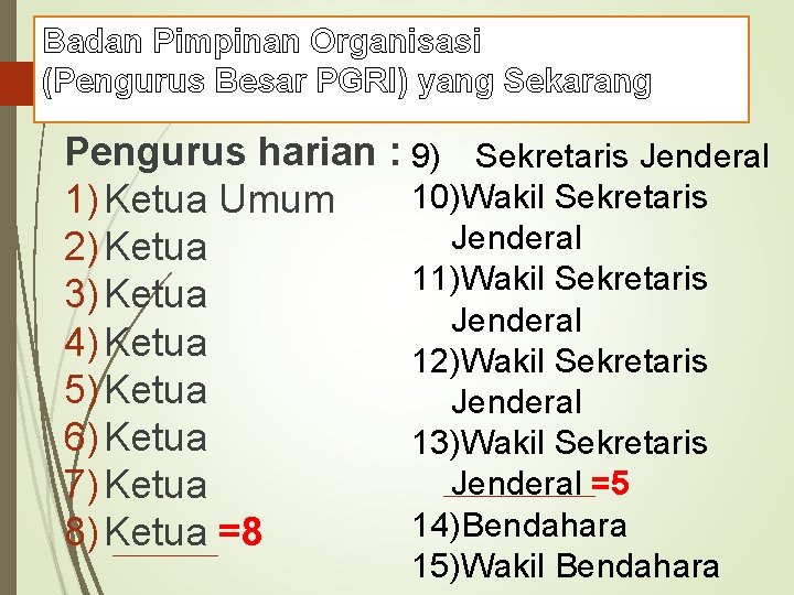 Badan Pimpinan Organisasi (Pengurus Besar PGRI) yang Sekarang Pengurus harian : 9) Sekretaris Jenderal