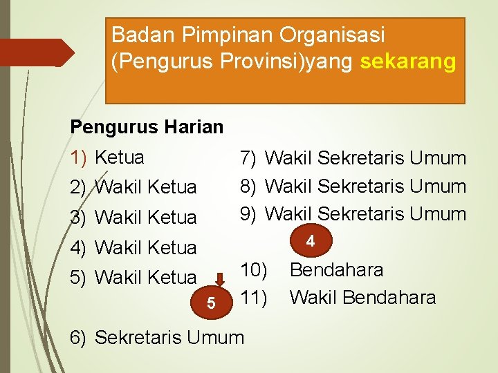 Badan Pimpinan Organisasi (Pengurus Provinsi)yang sekarang Pengurus Harian 1) Ketua 7) Wakil Sekretaris Umum