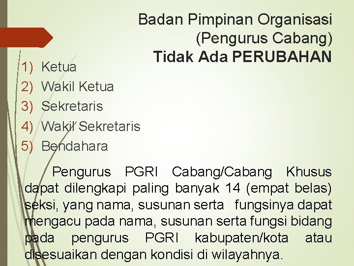 1) 2) 3) 4) 5) Badan Pimpinan Organisasi (Pengurus Cabang) Tidak Ada PERUBAHAN Ketua