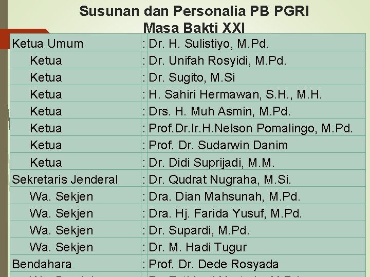 Susunan dan Personalia PB PGRI Masa Bakti XXI Ketua Umum Ketua Ketua Sekretaris Jenderal