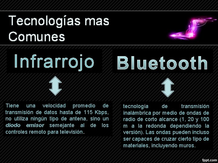 Tecnologías mas Comunes Infrarrojo Tiene una velocidad promedio de transmisión de datos hasta de