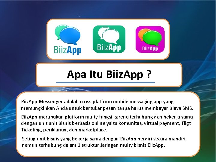 Apa Itu Biiz. App ? Biiz. App Messenger adalah cross-platform mobile messaging app yang