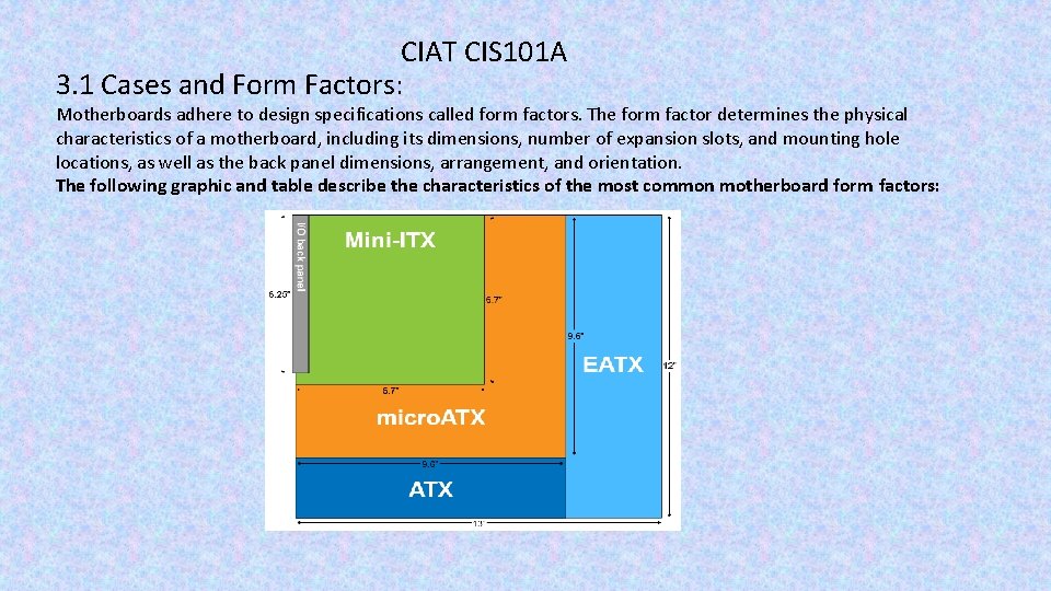 CIAT CIS 101 A 3. 1 Cases and Form Factors: Motherboards adhere to design