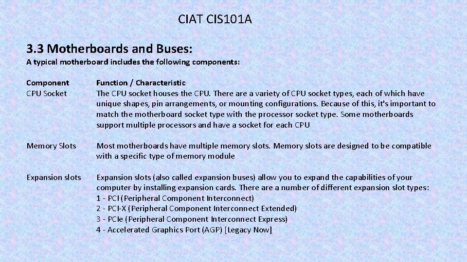 CIAT CIS 101 A 3. 3 Motherboards and Buses: A typical motherboard includes the