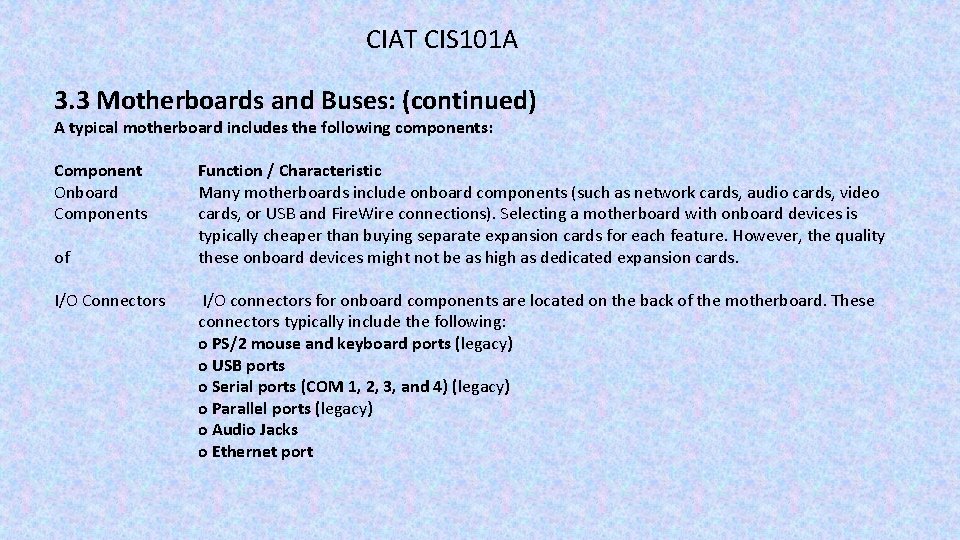 CIAT CIS 101 A 3. 3 Motherboards and Buses: (continued) A typical motherboard includes
