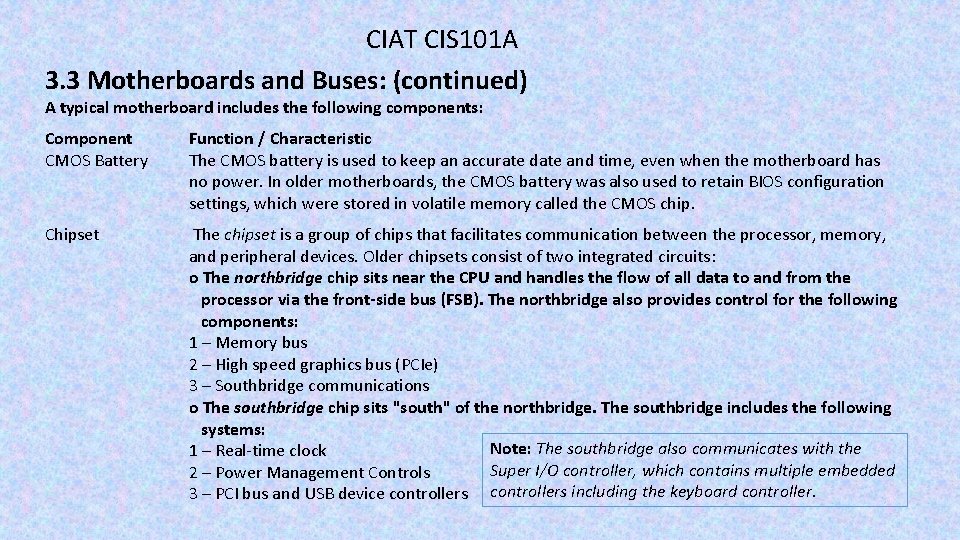 CIAT CIS 101 A 3. 3 Motherboards and Buses: (continued) A typical motherboard includes