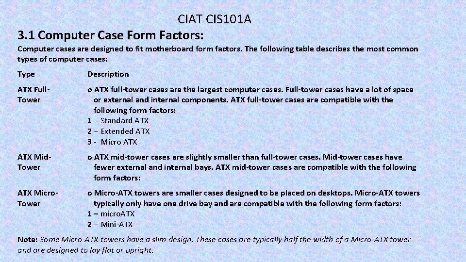 CIAT CIS 101 A 3. 1 Computer Case Form Factors: Computer cases are designed