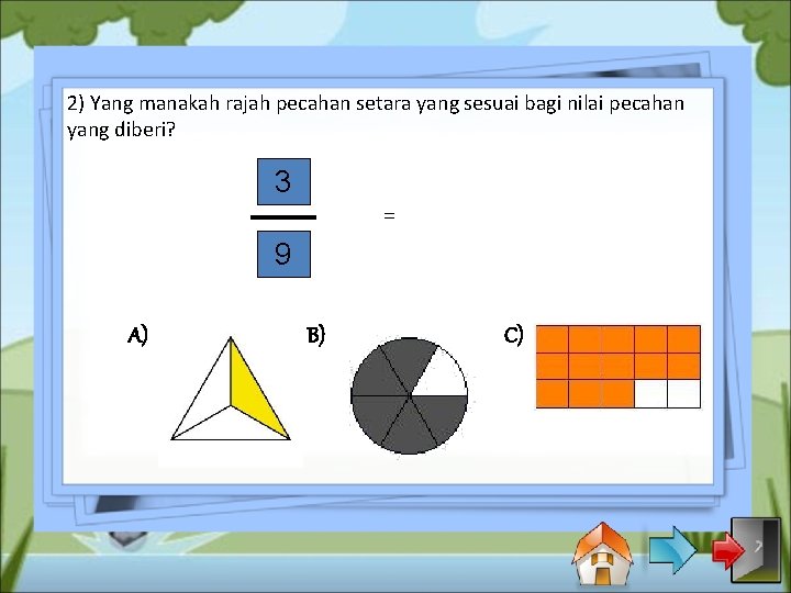 2) Yang manakah rajah pecahan setara yang sesuai bagi nilai pecahan yang diberi? 3