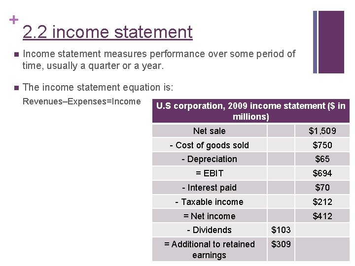+ 2. 2 income statement n Income statement measures performance over some period of