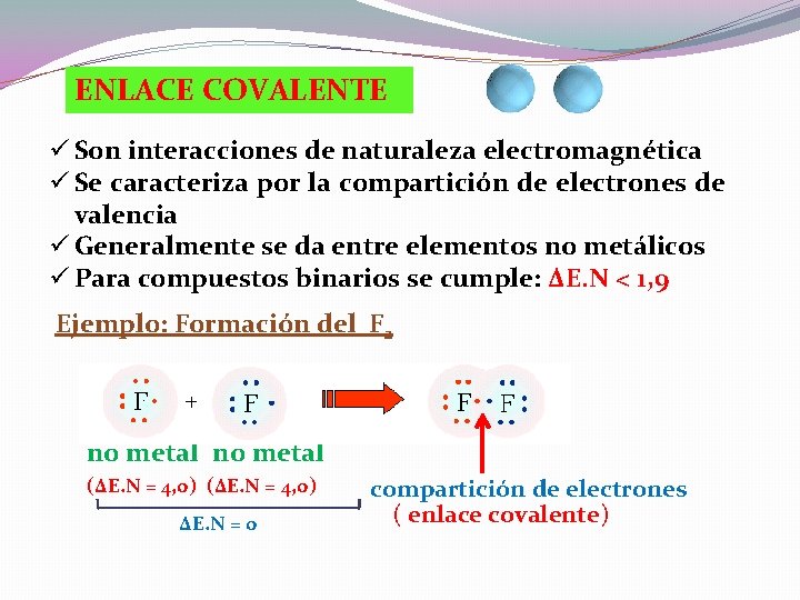 ENLACE COVALENTE ü Son interacciones de naturaleza electromagnética ü Se caracteriza por la compartición