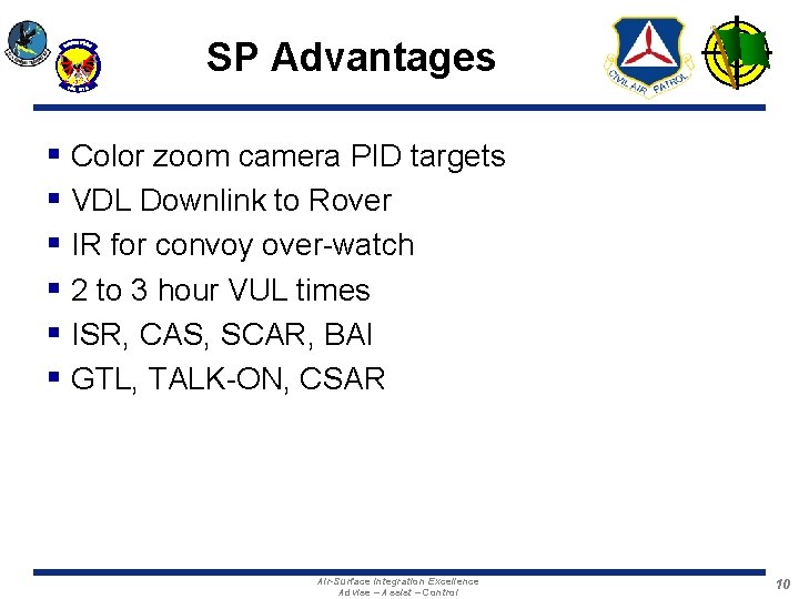 SP Advantages § Color zoom camera PID targets § VDL Downlink to Rover §