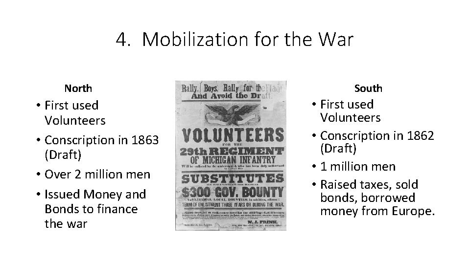4. Mobilization for the War North • First used Volunteers • Conscription in 1863