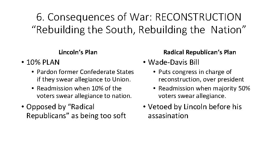 6. Consequences of War: RECONSTRUCTION “Rebuilding the South, Rebuilding the Nation” Lincoln’s Plan •