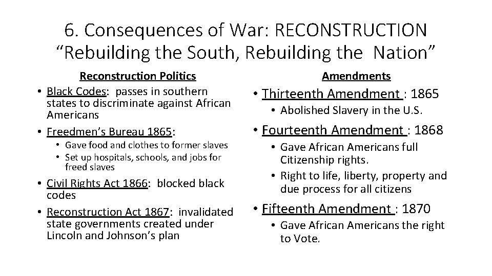 6. Consequences of War: RECONSTRUCTION “Rebuilding the South, Rebuilding the Nation” Reconstruction Politics •