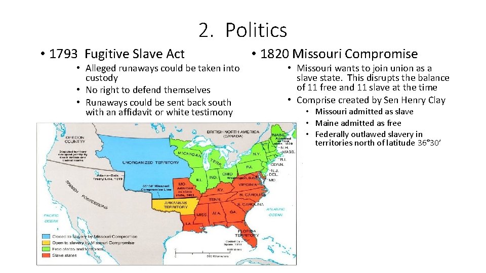 2. Politics • 1793 Fugitive Slave Act • Alleged runaways could be taken into