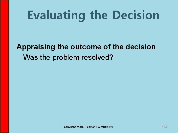 Evaluating the Decision Appraising the outcome of the decision Was the problem resolved? Copyright