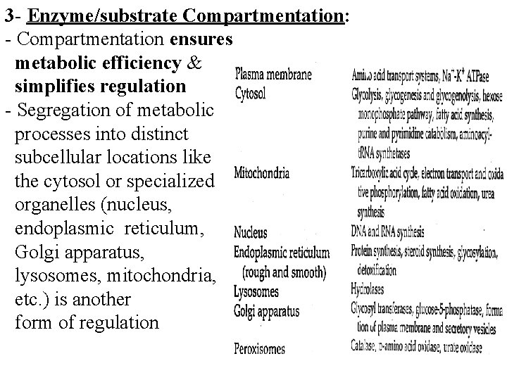 3 - Enzyme/substrate Compartmentation: - Compartmentation ensures metabolic efficiency & simplifies regulation - Segregation