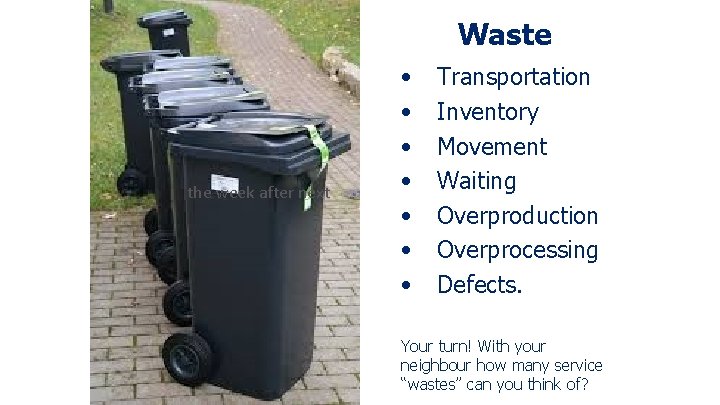 Waste the week after next • • Transportation Inventory Movement Waiting Overproduction Overprocessing Defects.