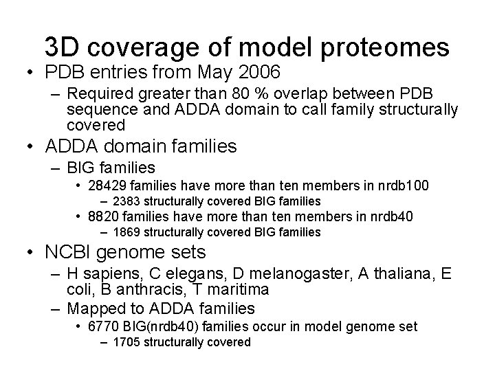 3 D coverage of model proteomes • PDB entries from May 2006 – Required