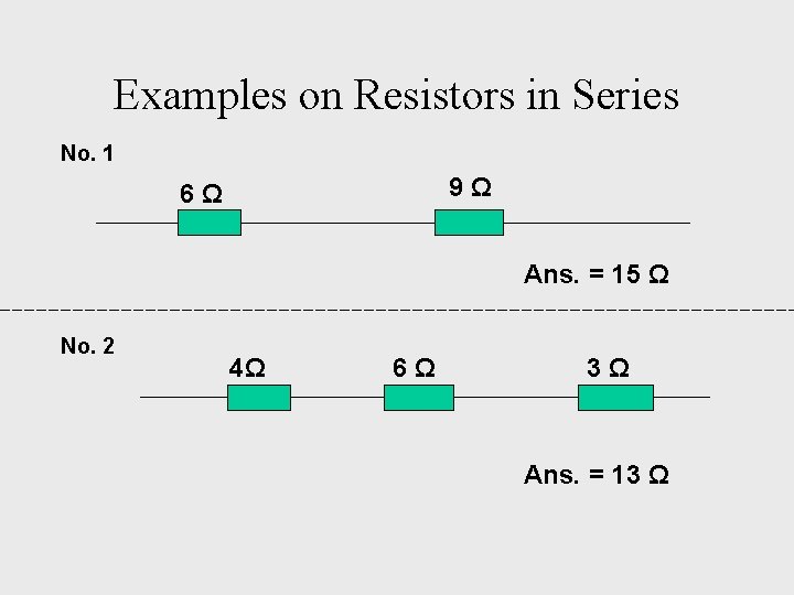 Examples on Resistors in Series No. 1 9Ω 6Ω Ans. = 15 Ω No.